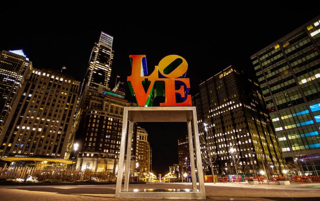 Philadelphia LOVE Philadelphia LOVE Park Sign with Philadelphia Art Museum in Background